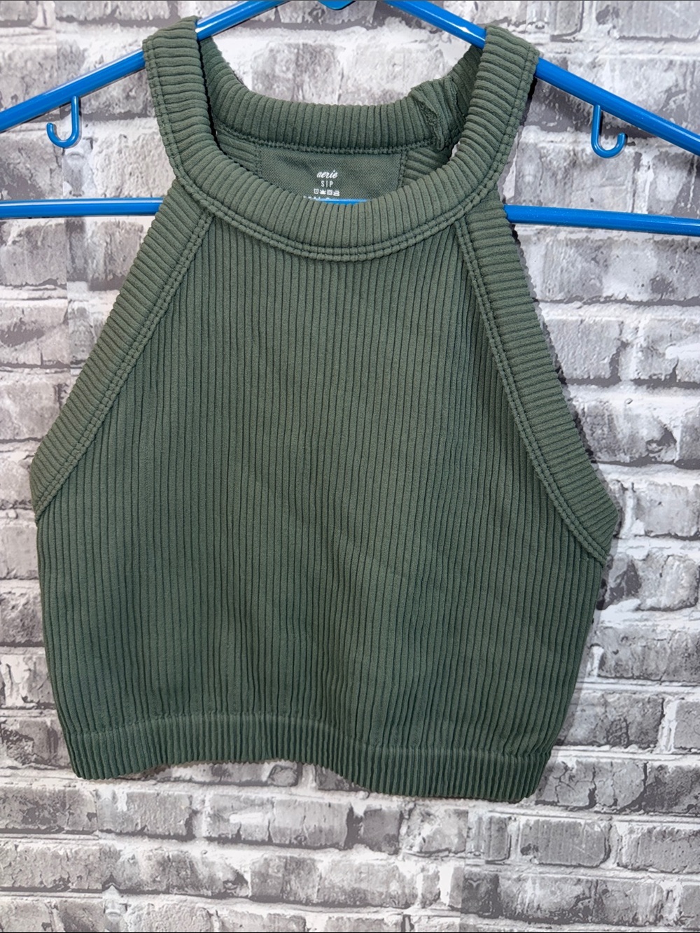 Aerie Ribbed High Neck Tank Crop Top - Olive Green